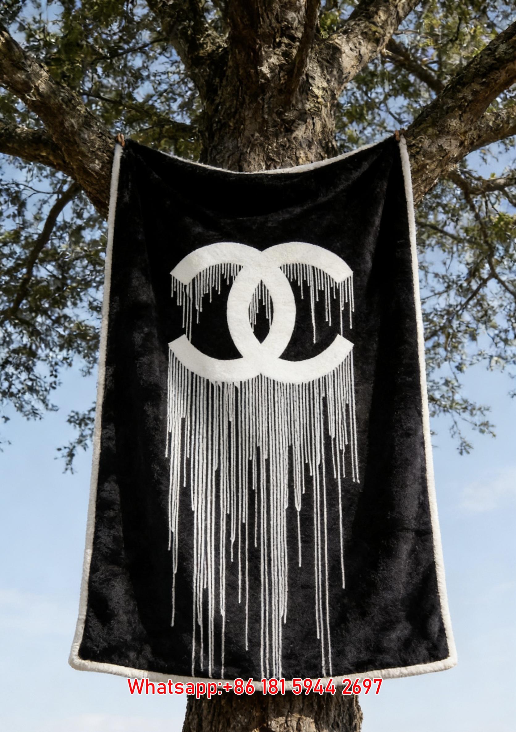 Edgy Black & White Dripping Chanel Double C Logo Flannel Sofa Throw Blanket for Modern Streetwear IMG_6983